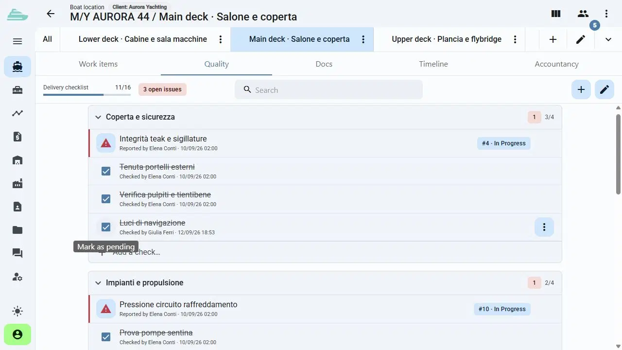 Checklist quality della demo Sailify, con sezioni e controlli completati