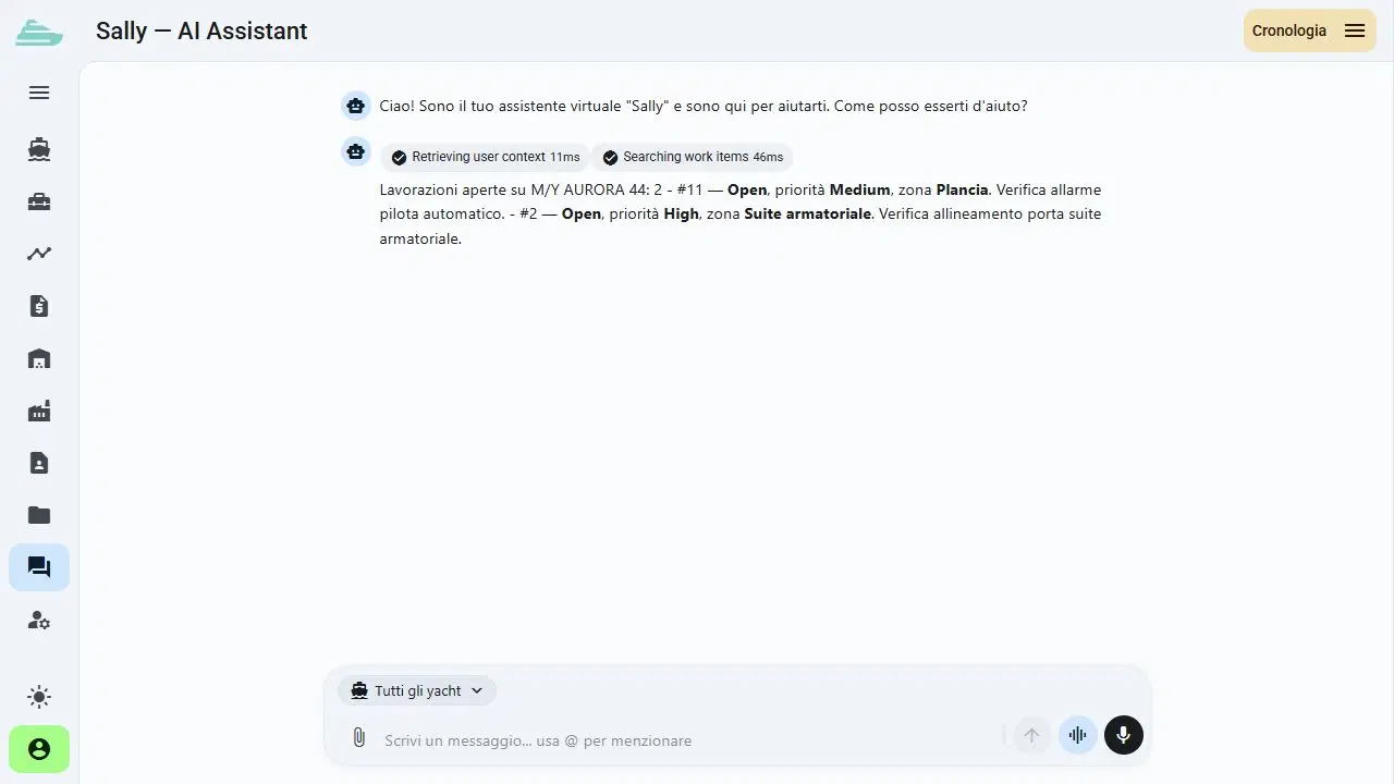 Interfaccia della chat Sally nell'ambiente dimostrativo Sailify